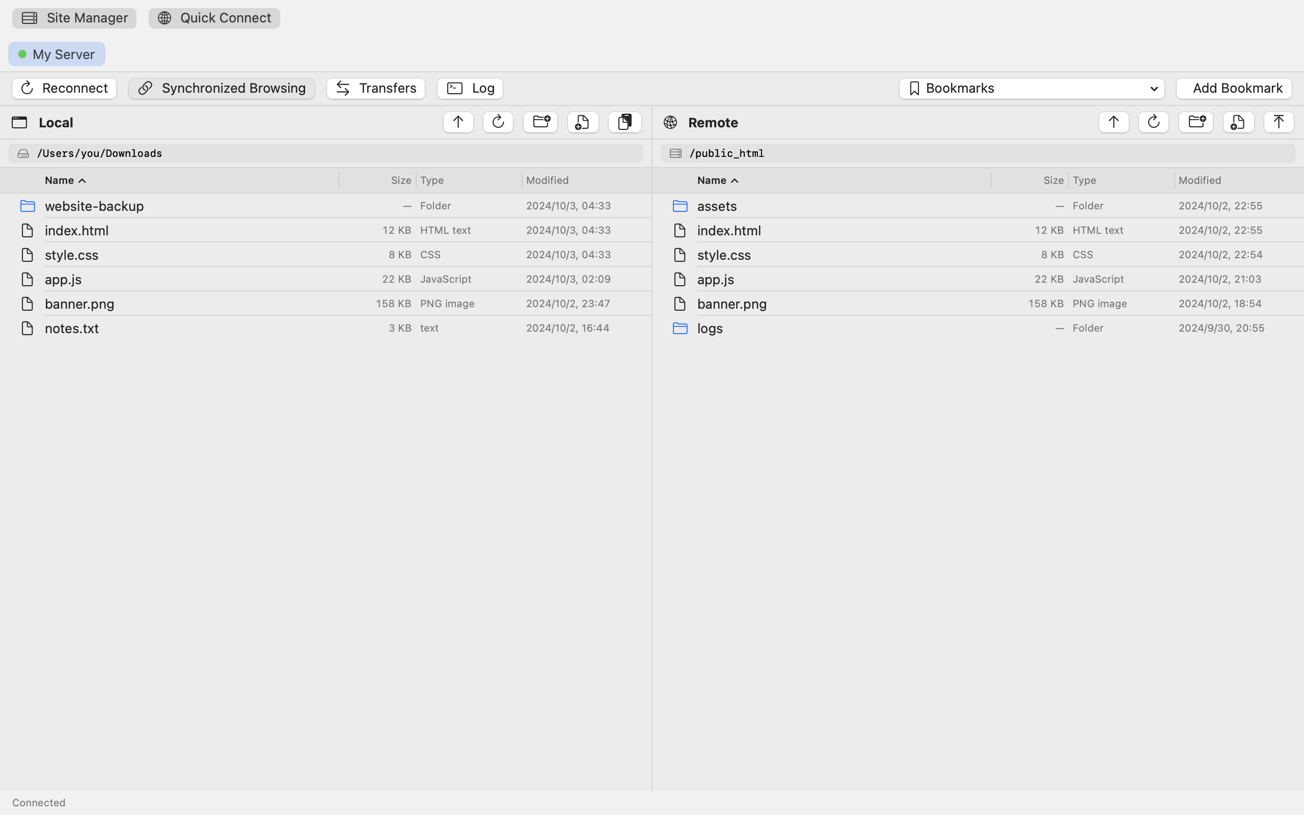 MinoFTP main window with local and remote panes side by side