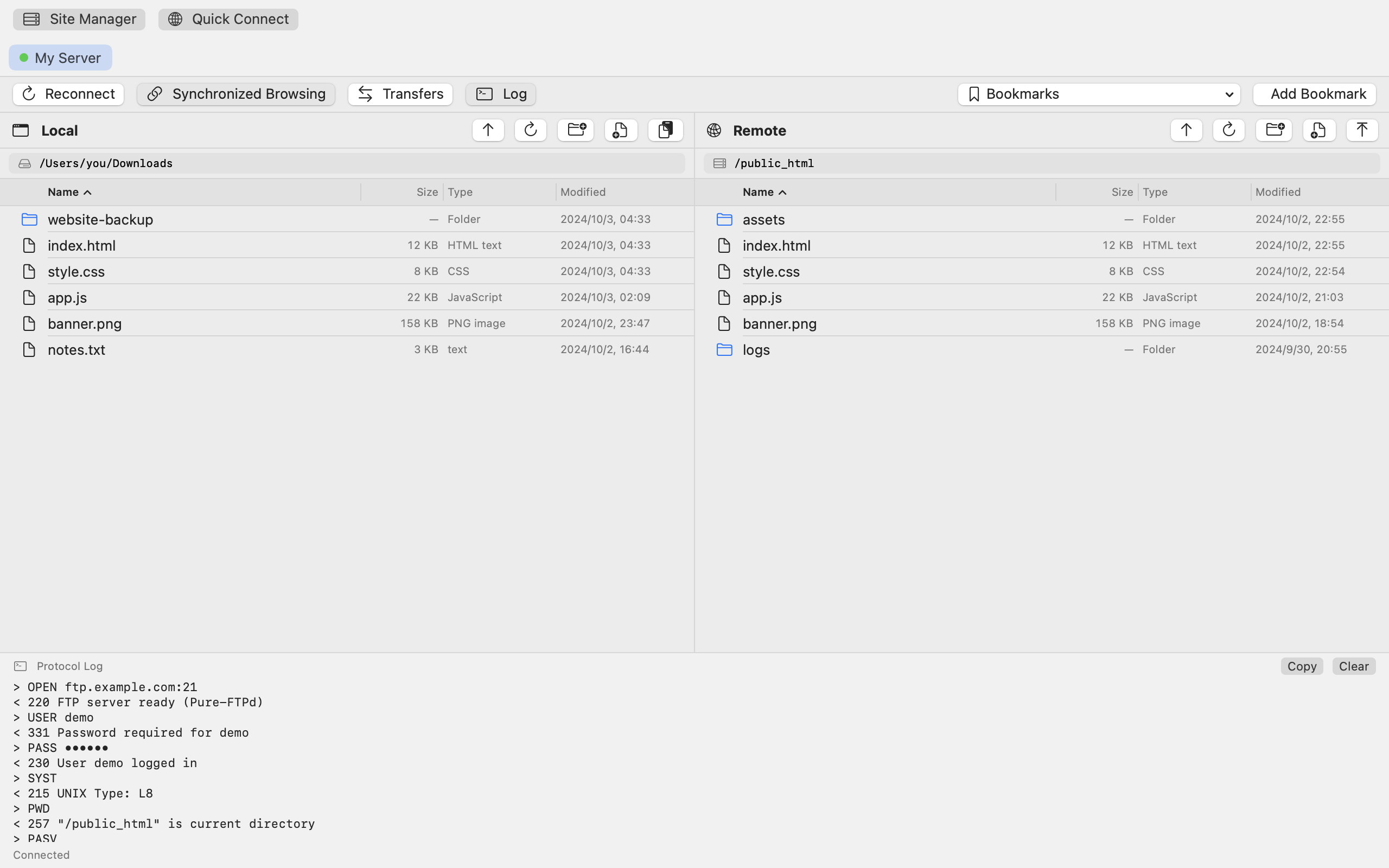 MinoFTP protocol log showing FTP commands and server replies