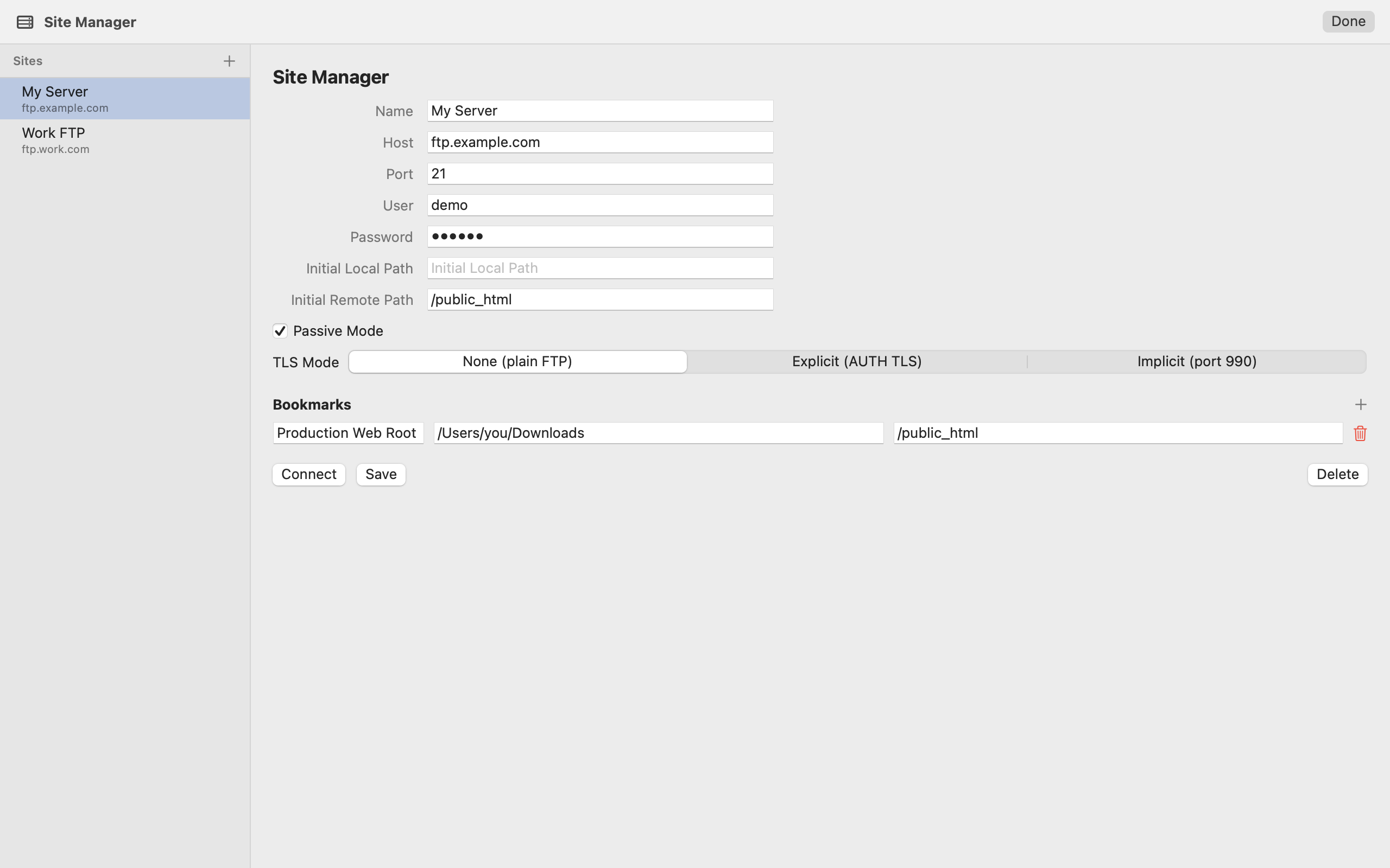 MinoFTP Site Manager with connection settings and bookmarks